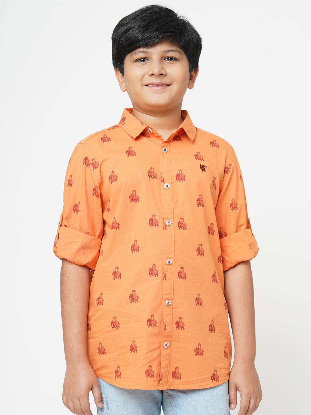 

URBAN SCOTTISH Boys Orange Animal Printed Casual Cotton Shirt