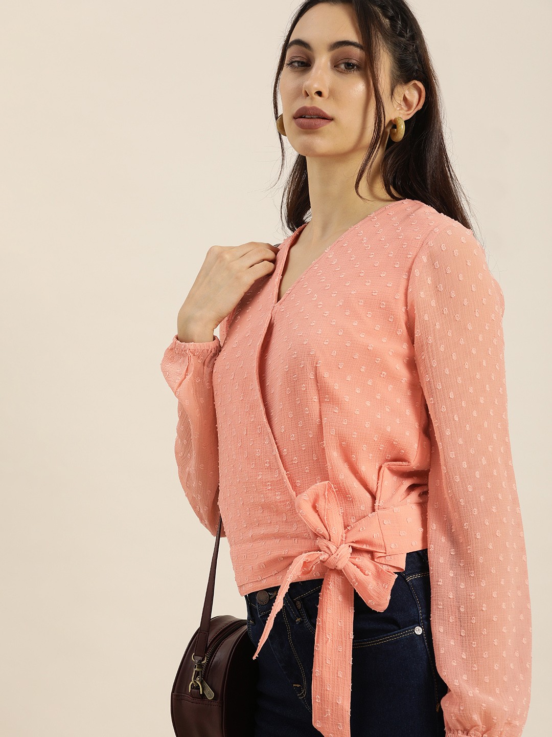 

Moda Rapido Women Attractive Peach Self Design Top