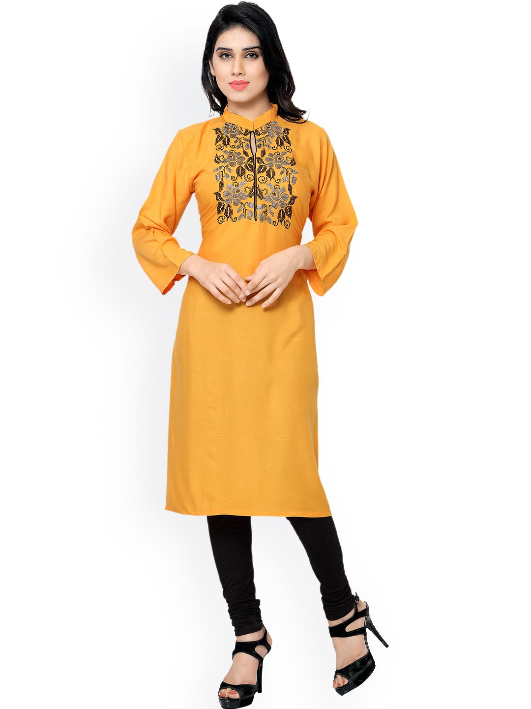

Kvsfab Yellow Embroidered Kurta