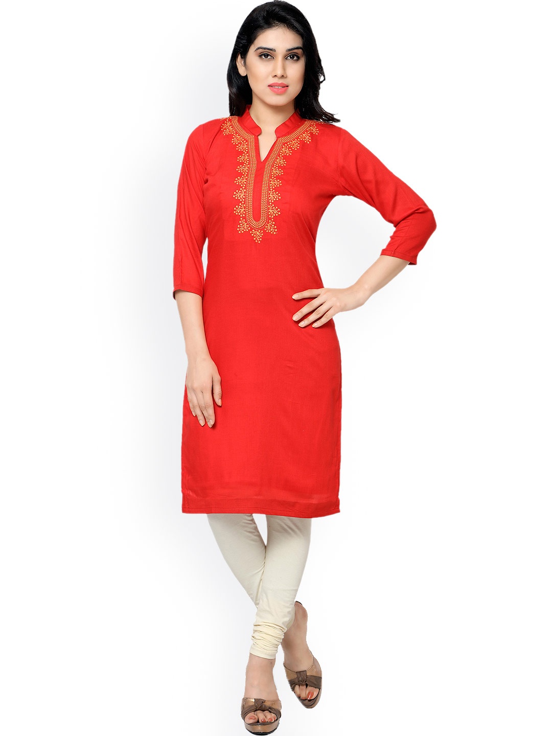 

Kvsfab Coral Red Embroidered Kurta