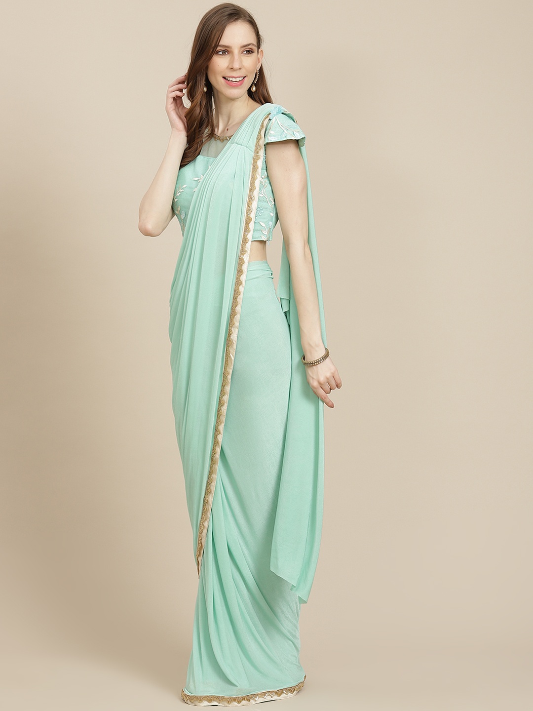 

Grancy Blue Solid Ready to Wear Saree with Stitched Blouse