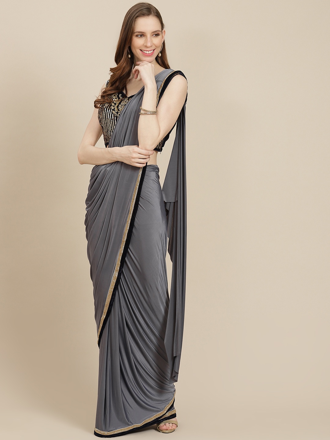 

Grancy Charcoal Grey Solid Ready to Wear Saree with Stitched Blouse