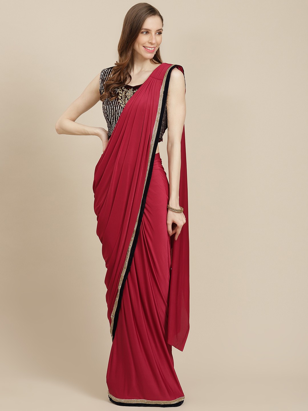 

Grancy Maroon Solid Ready to Wear Saree with Stitched Blouse