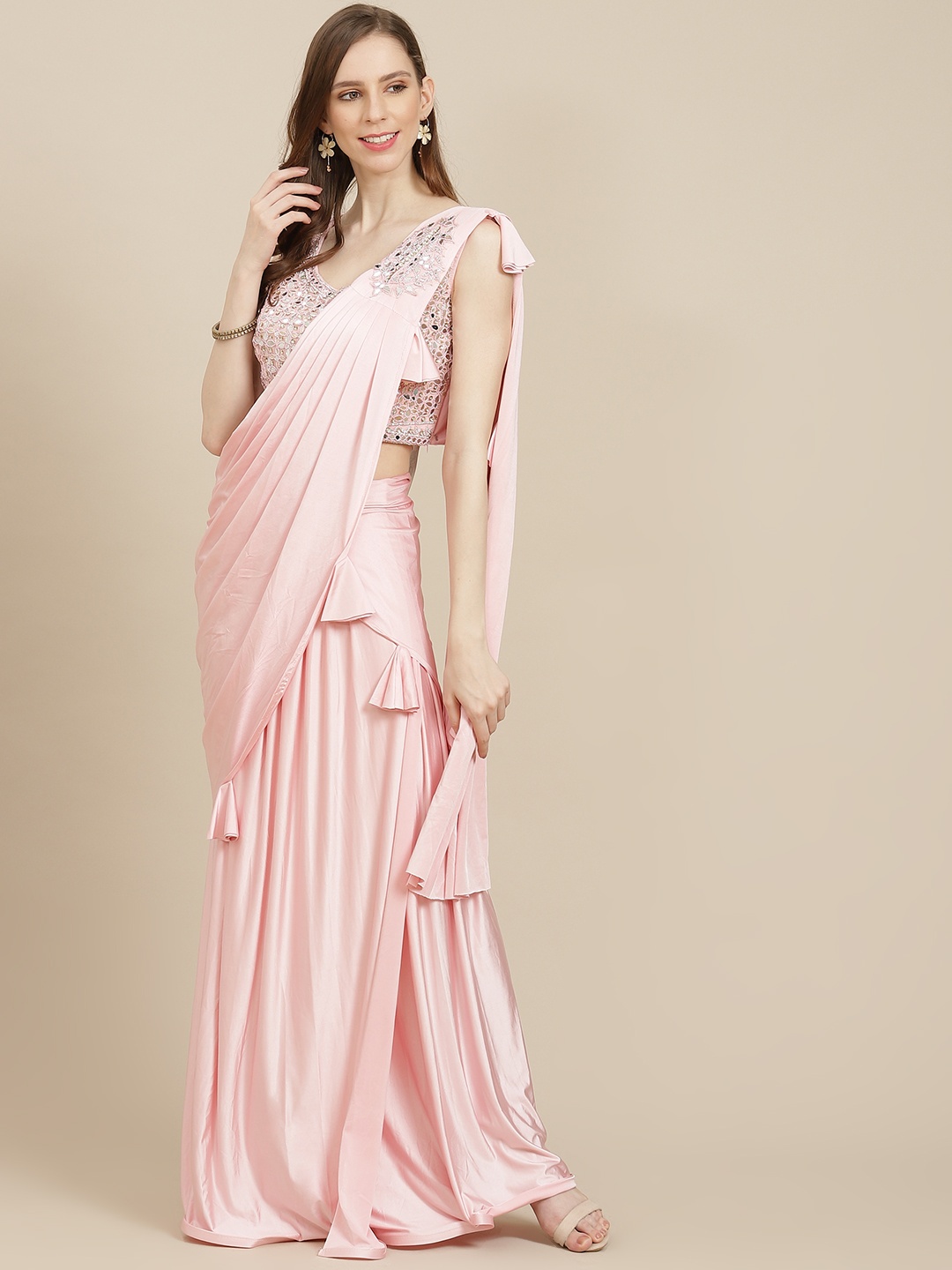 

Grancy Pink Solid Ready to Wear Saree with Stitched Blouse