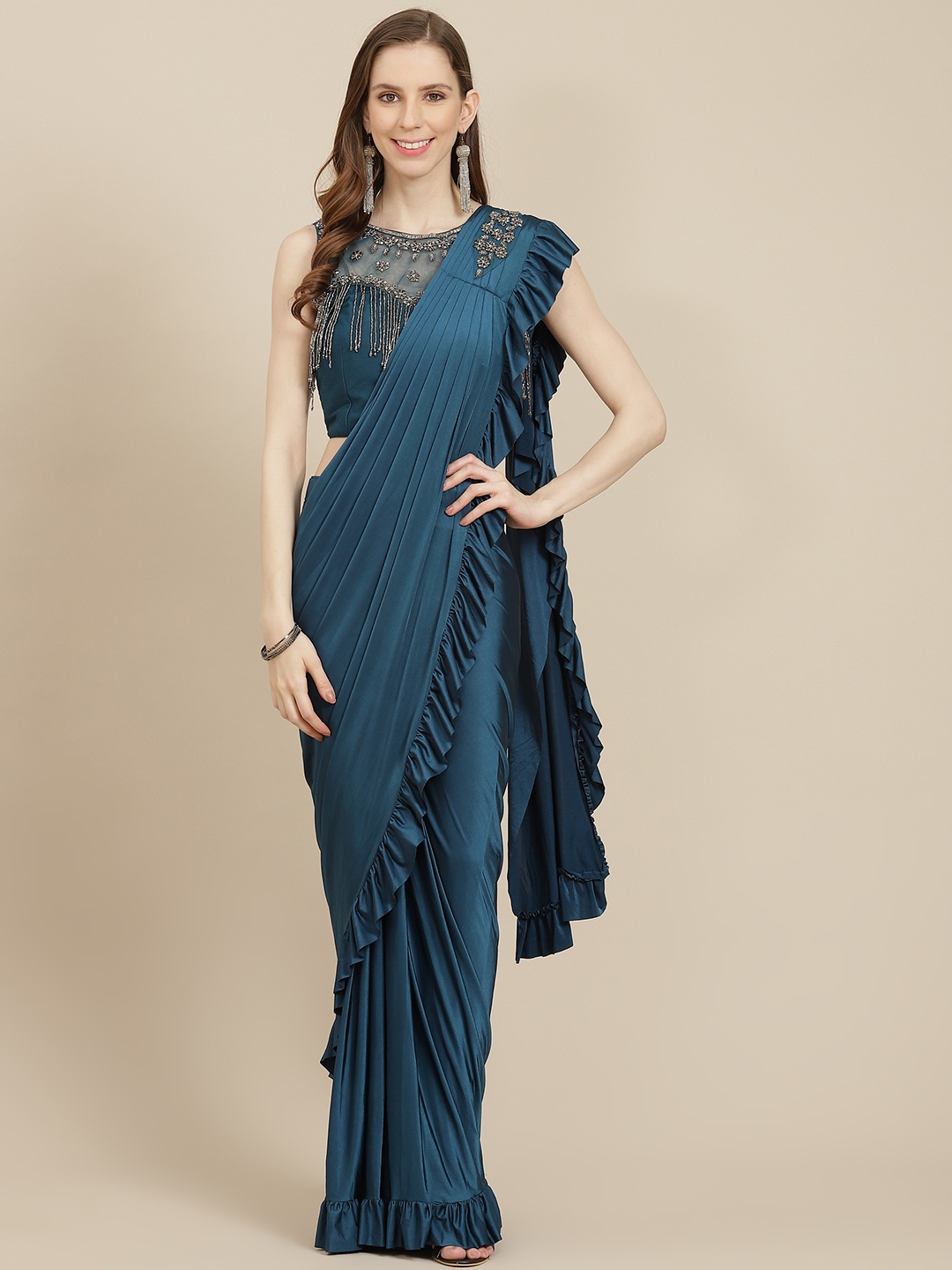 

Grancy Teal Blue Solid Satin Finish Ready to Wear Saree