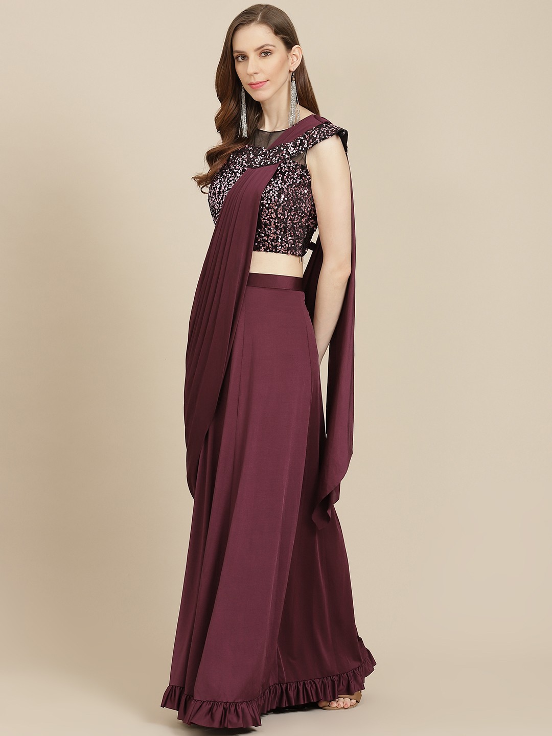 

Grancy Burgundy Solid Ready to Wear Skirt Saree, Maroon