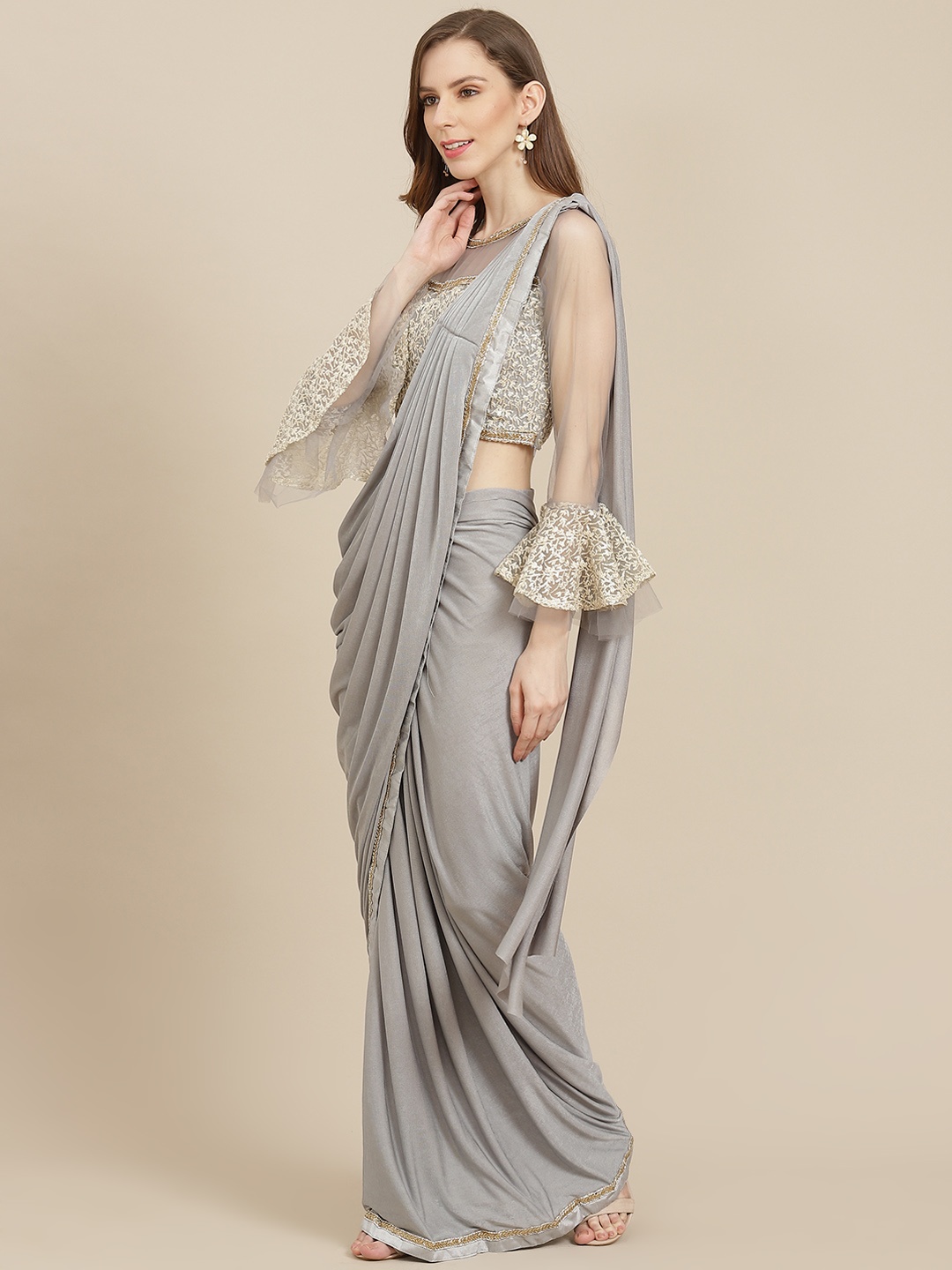 

Grancy Grey Solid Ready to Wear Saree