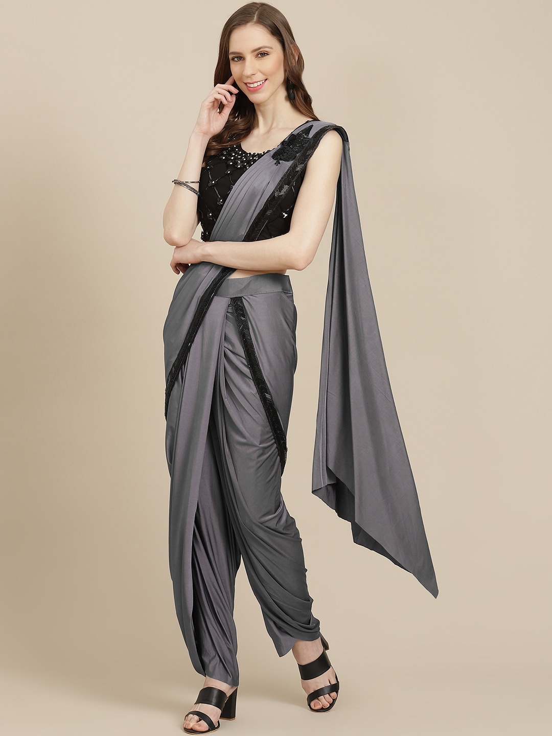 

Grancy Grey Solid Dhoti Saree