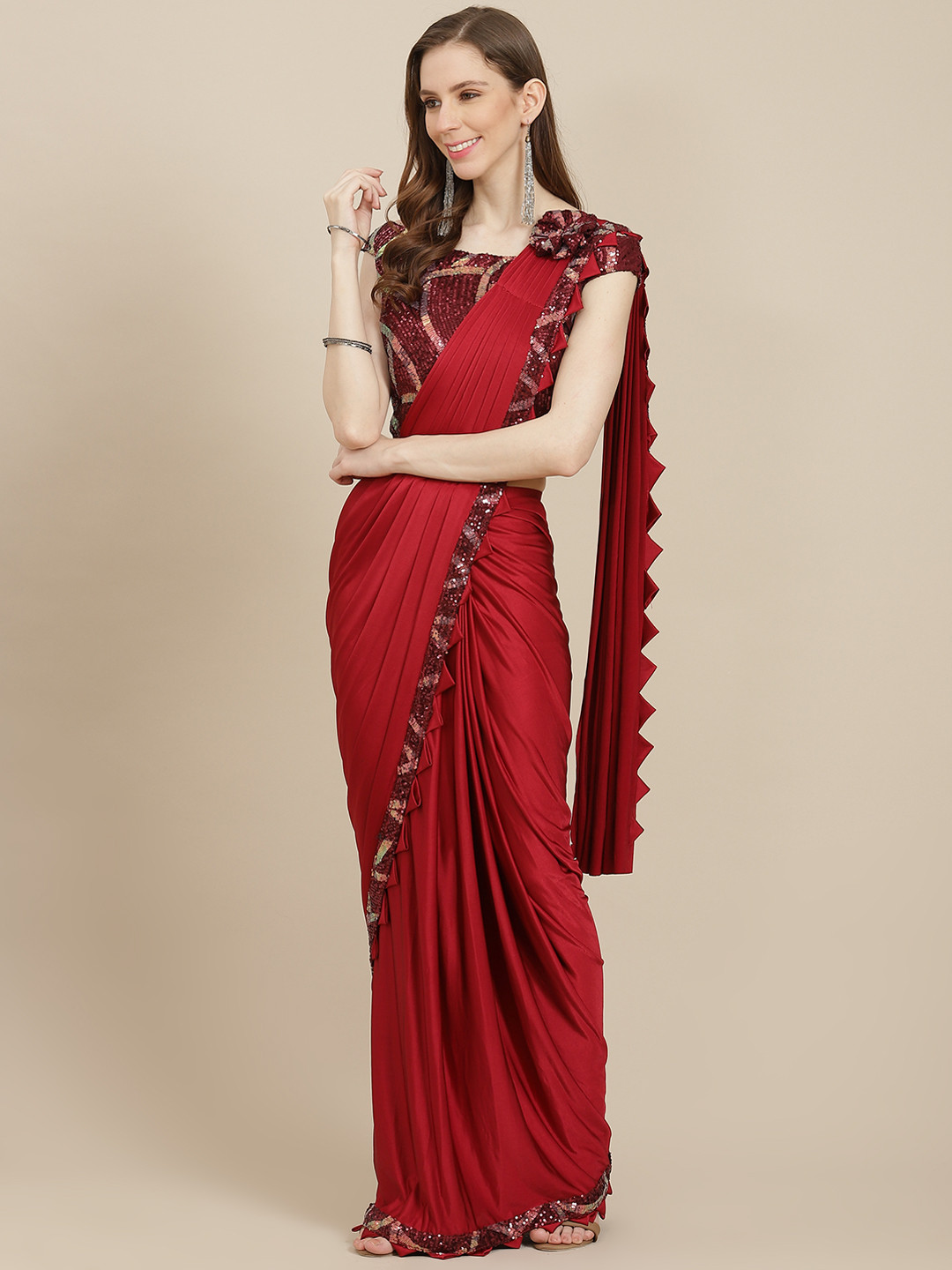 

Grancy Maroon Solid Ready To Wear Saree with Stitched Blouse