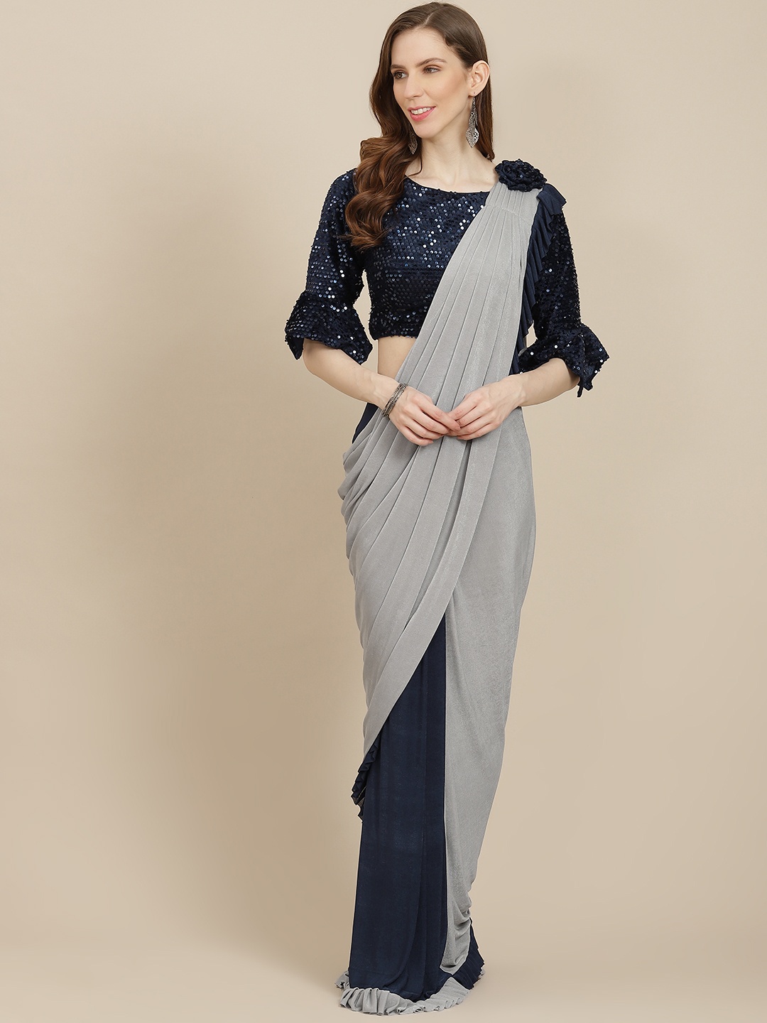 

Grancy Grey & Blue Solid Half & Half Ruffled Ready to Wear Saree with Stitched Blouse