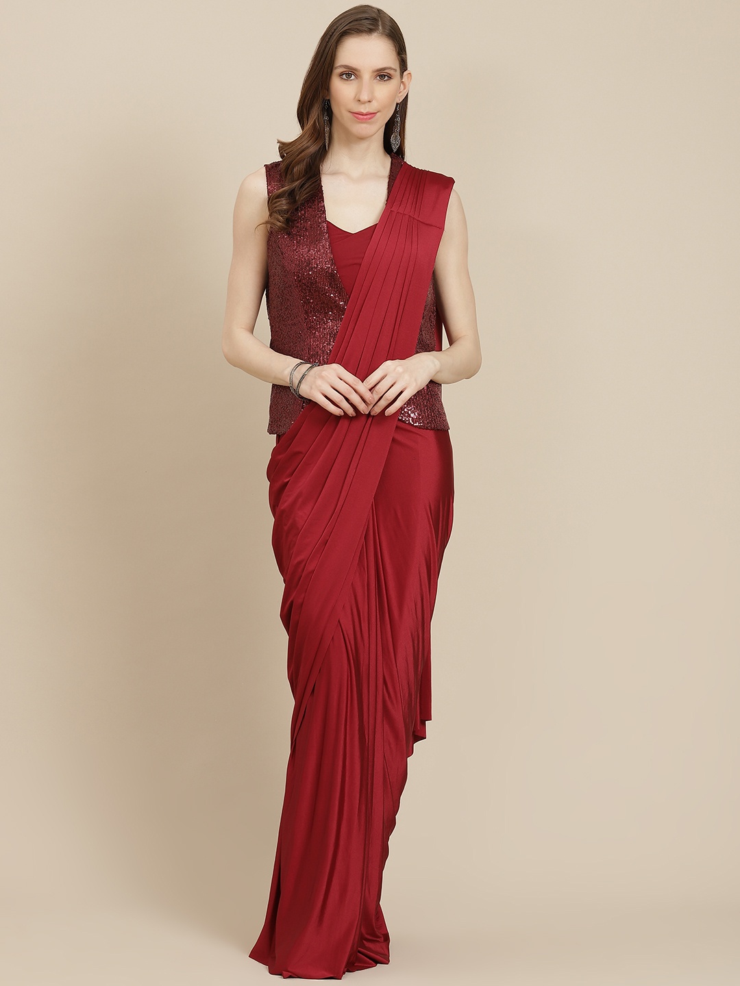 

Grancy Maroon Solid Ready to Wear Saree with Stitched Blouse & Sequinned Jacket