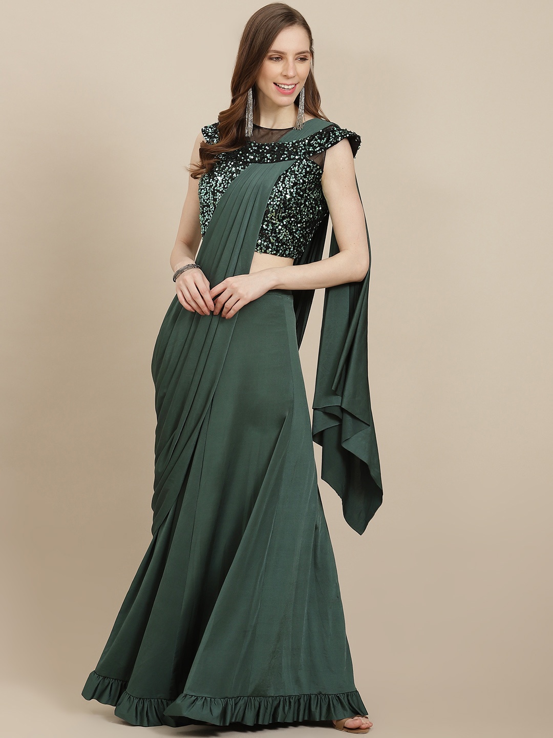 

Grancy Green Solid Ready to Wear Skirt Saree with Pallu Blouse