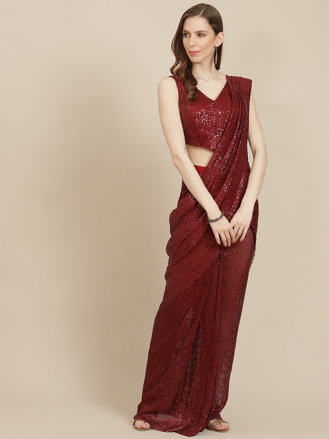 

Grancy Maroon Embellished Sequinned Ready to Wear Saree