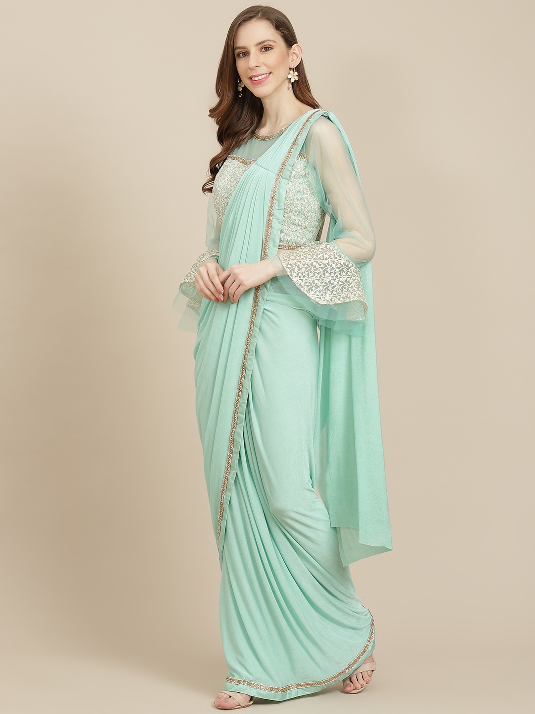 

Grancy Sea Green Sequinned Ready to Wear Saree