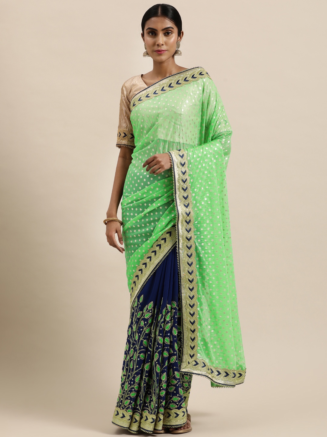 

Kvsfab Green & Blue Georgette Embellished Saree