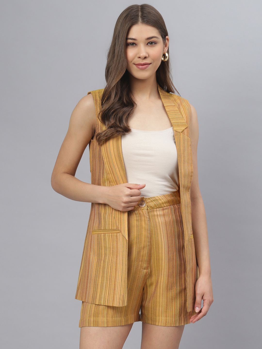 

DEEBACO Women Yellow & Green Striped Coat with Shorts