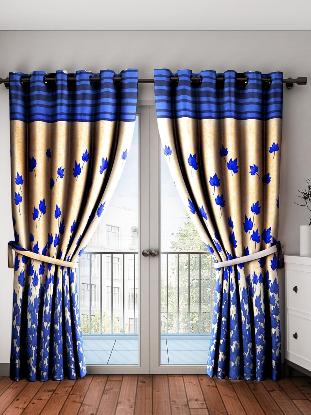 Home Sizzler Beige & Blue Set of 2 Floral Door Curtain
