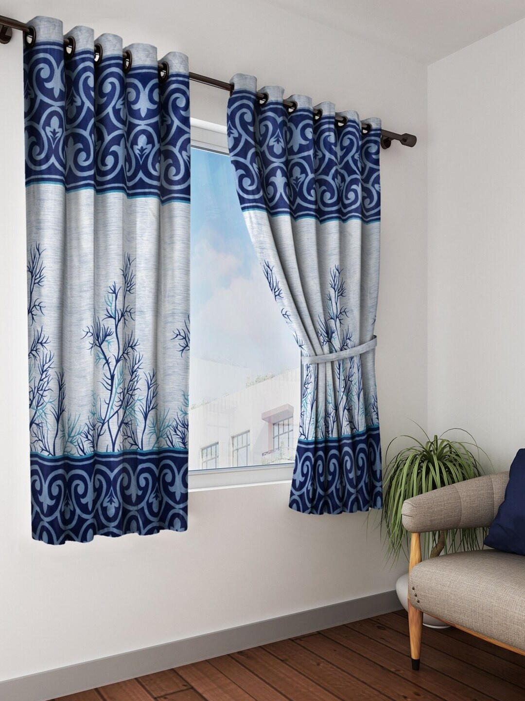 

Home Sizzler Set of 2 White & Blue Floral Window Curtain