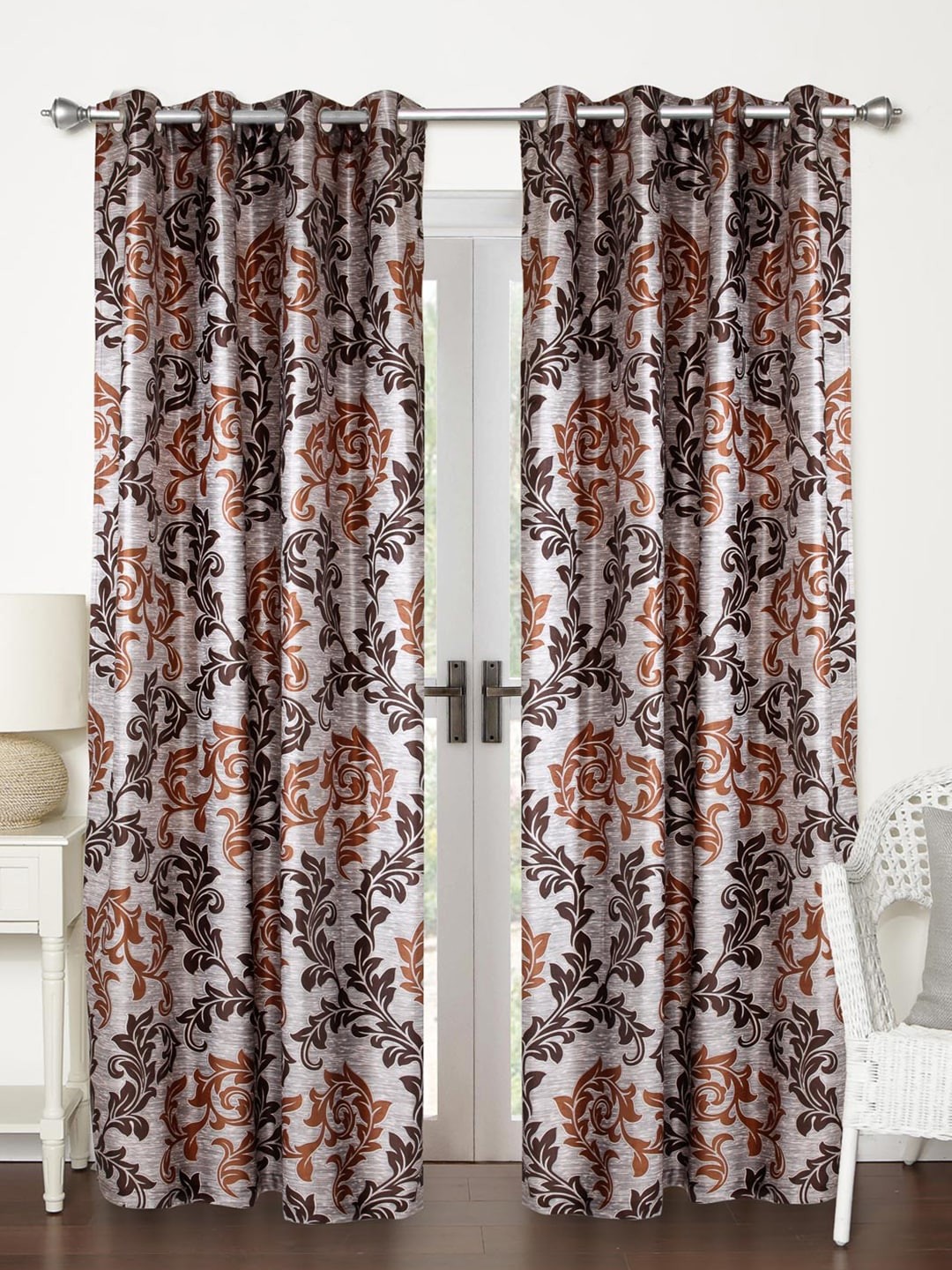 

Home Sizzler Set Of 2 Brown & White Floral Long Door Curtains