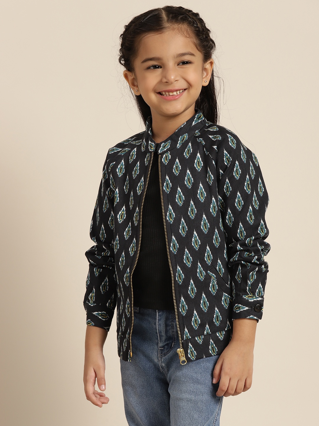 

Sangria Girls Navy Blue & Green Cotton Geometric Print Tailored Jacket