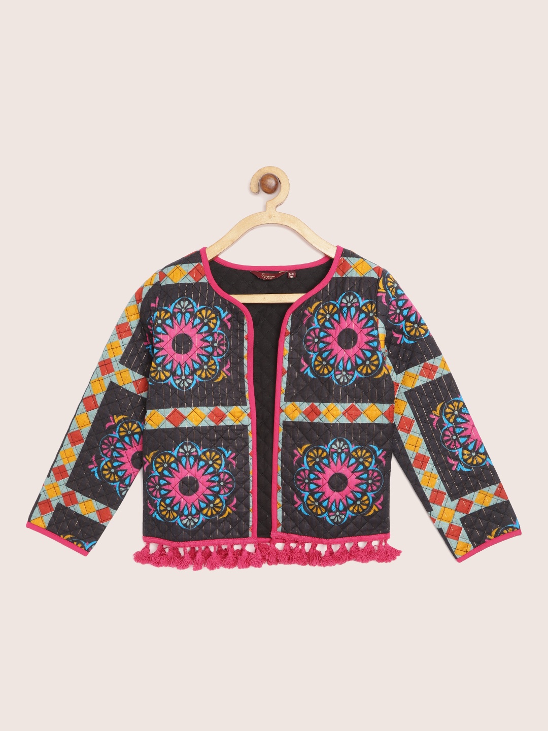 

Sangria Girls Navy Blue & Pink Printed Front-Open Ethnic Quilted Jacket
