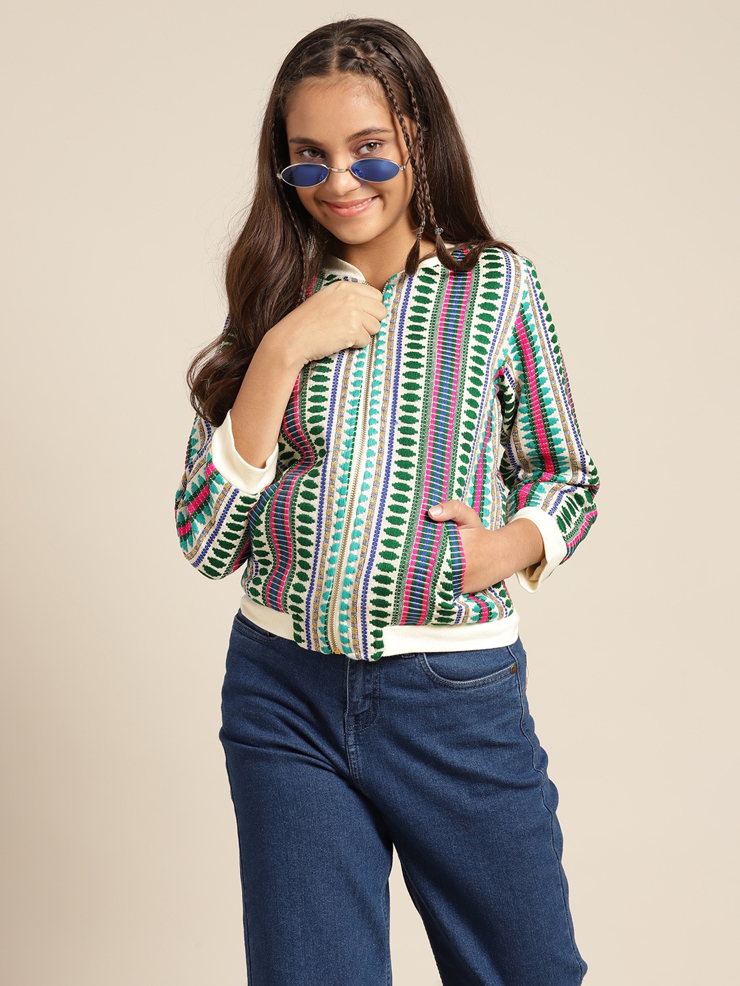 

Sangria Girls Green & Blue Cotton Geometric Woven Design Tailored Jacket