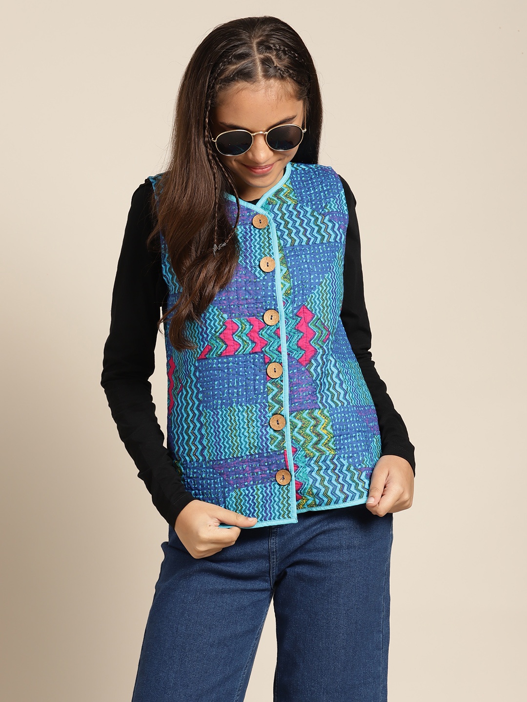 

Sangria Girls Blue & Green Geometric Print Tailored Jacket