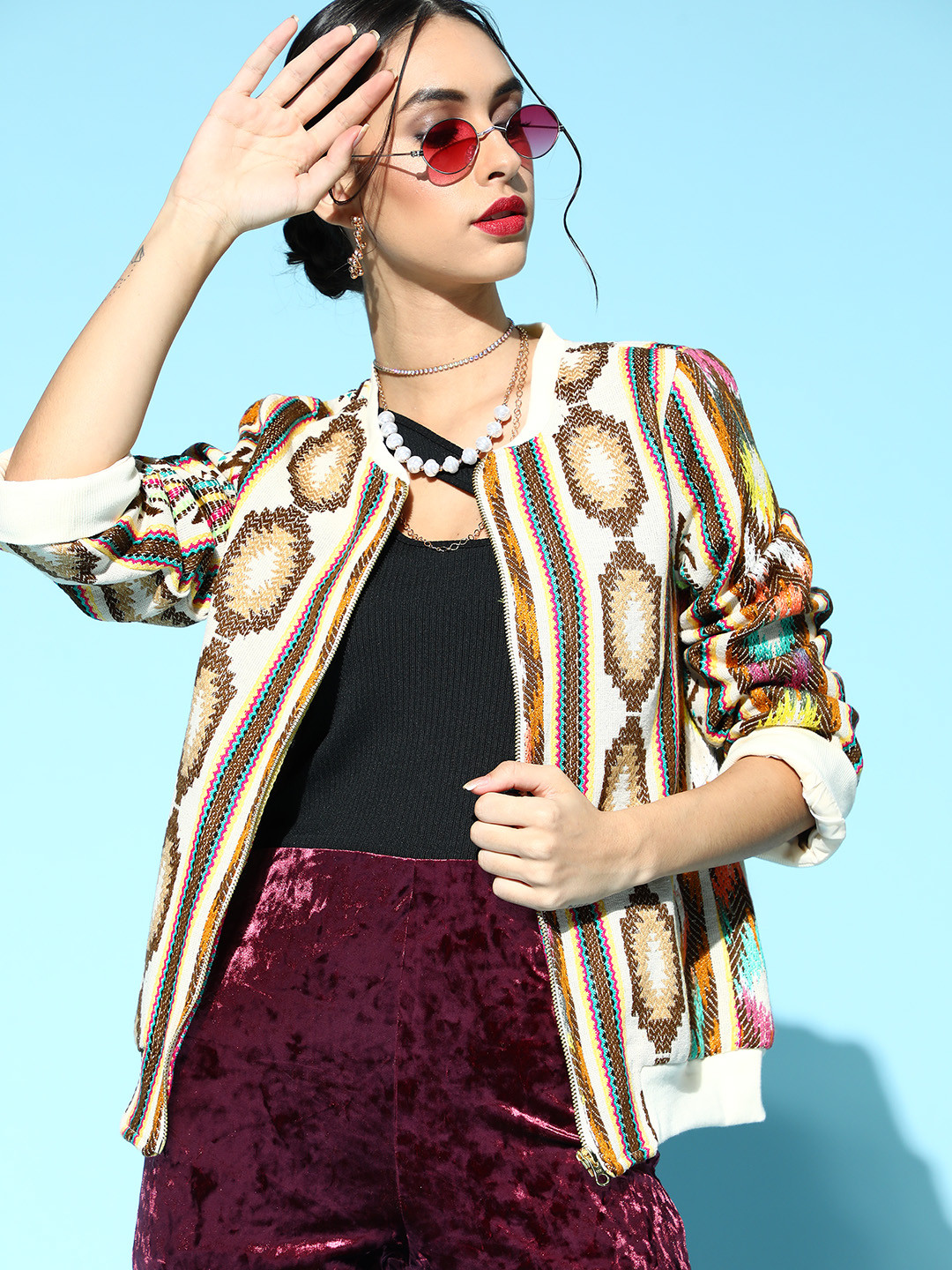 

Sangria Women Off White Self Design Fusion Jacket