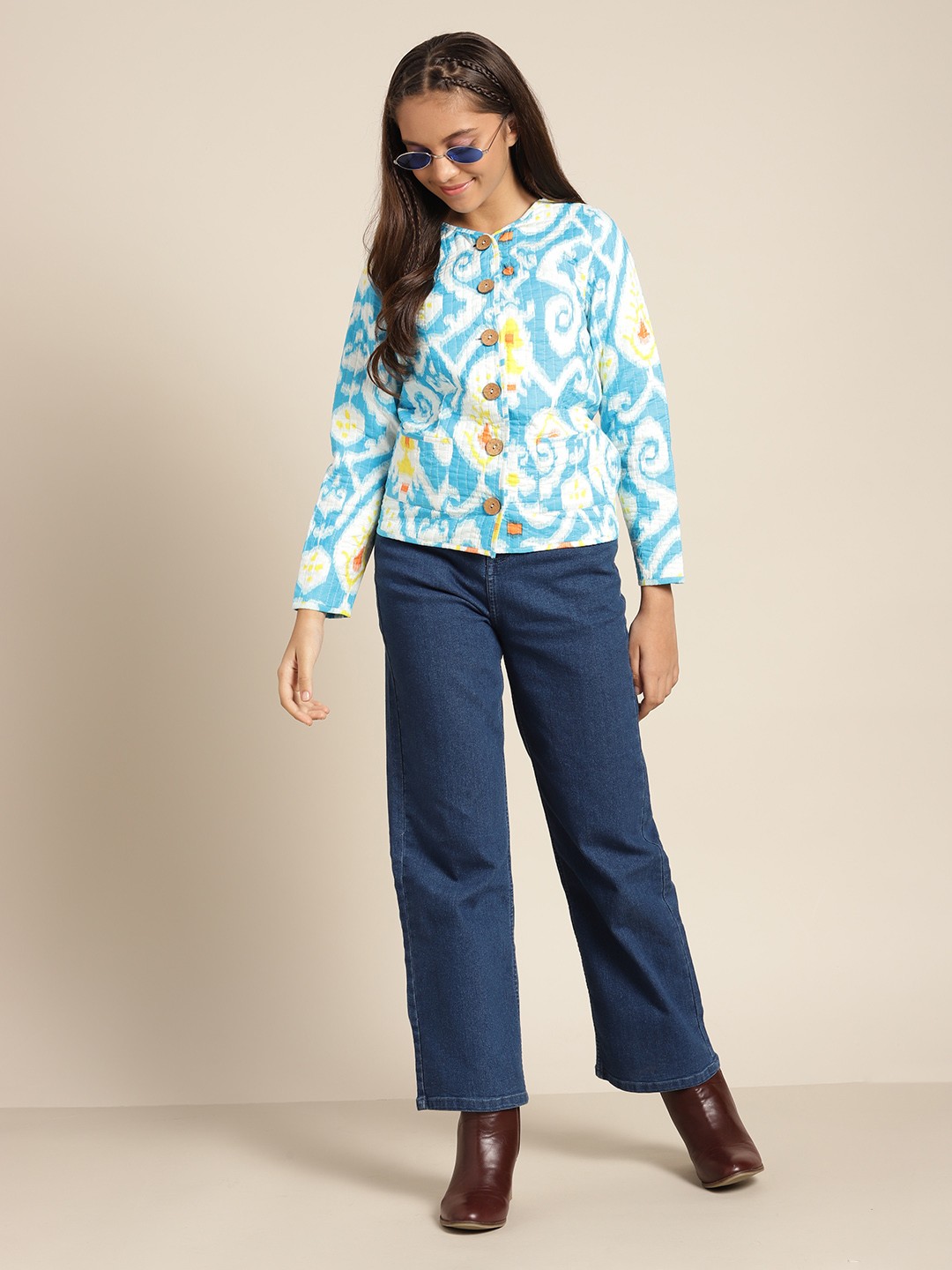 

Sangria Blue & White Cotton Abstract Print Tailored Jacket