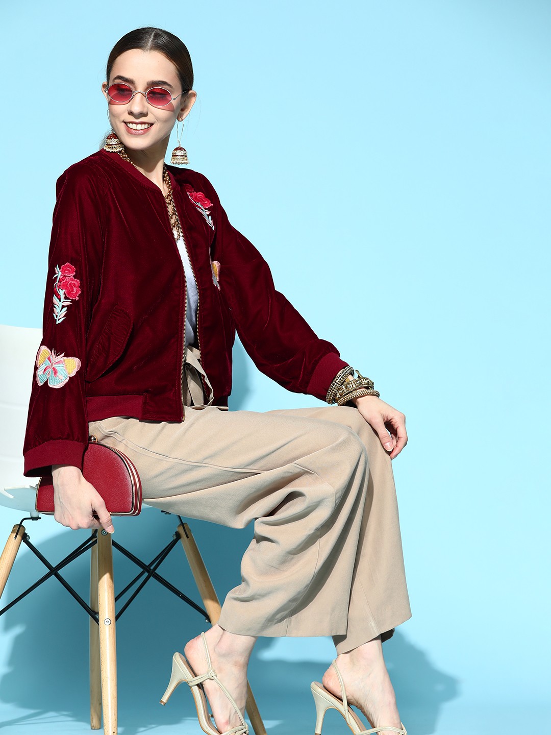 

Sangria Women Maroon Floral Embroidered Detail Ethnic Jacket