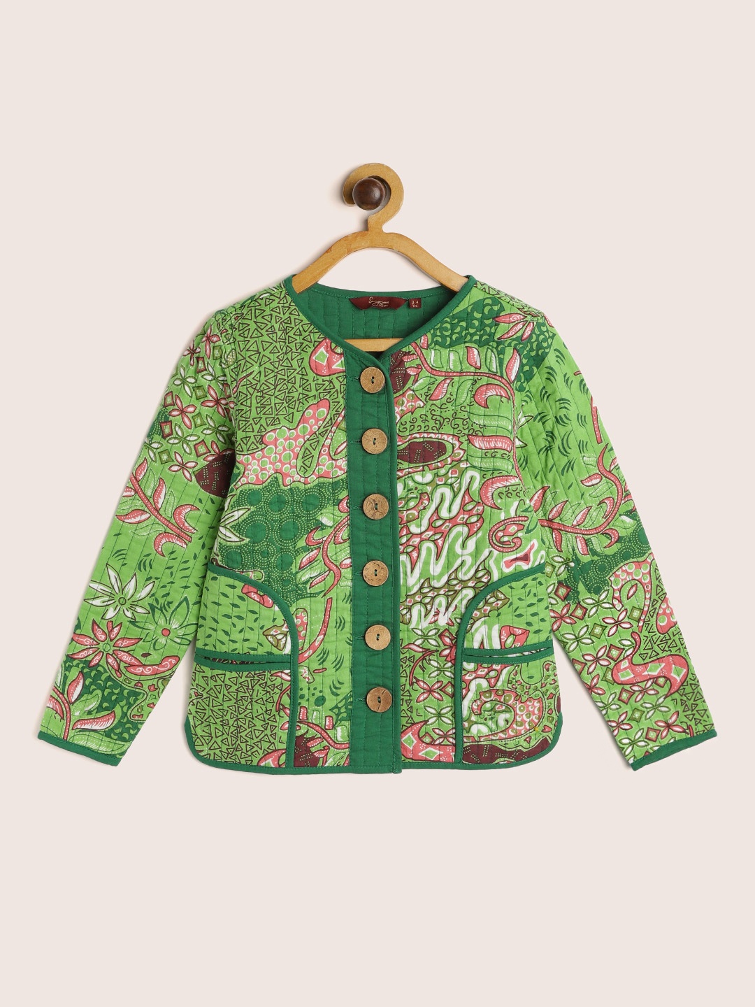 

Sangria Girls Green & Pink Ethnic Motifs Print Quilted Cotton Tailored Jacket