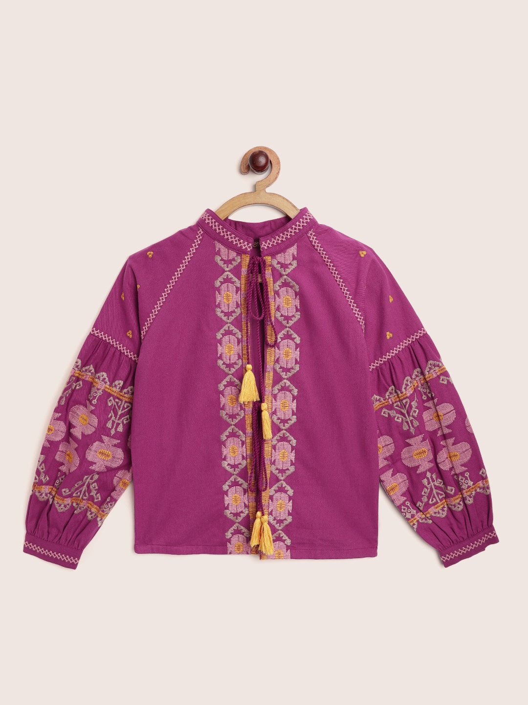 

Sangria Girls Pink Cotton Geometric Embroidered Ethnic Jacket