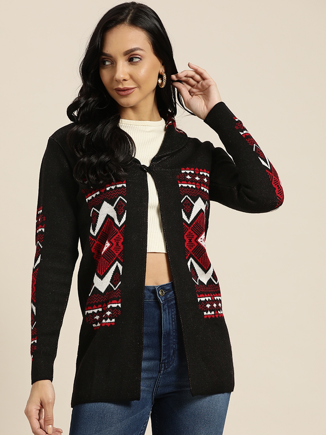 

Sangria Women Black & Red Geometric Self Design Longline Front-Open Sweater