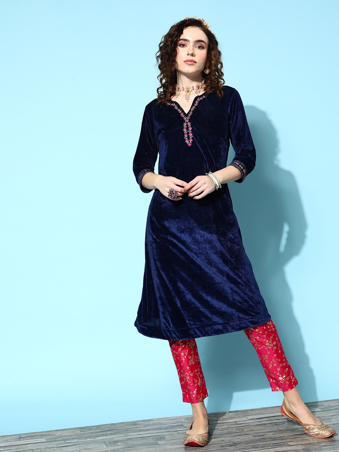 

Sangria Women Navy Blue Velvet Finish Regular Thread Work Kurta with Trousers