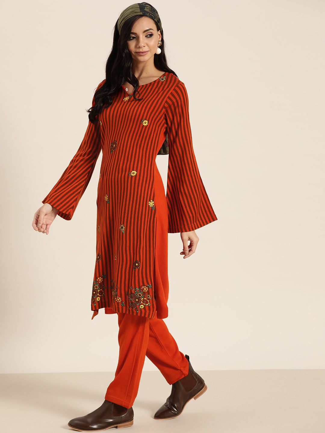 

Sangria Striped Wool Blend Winter Kurta Set, Orange