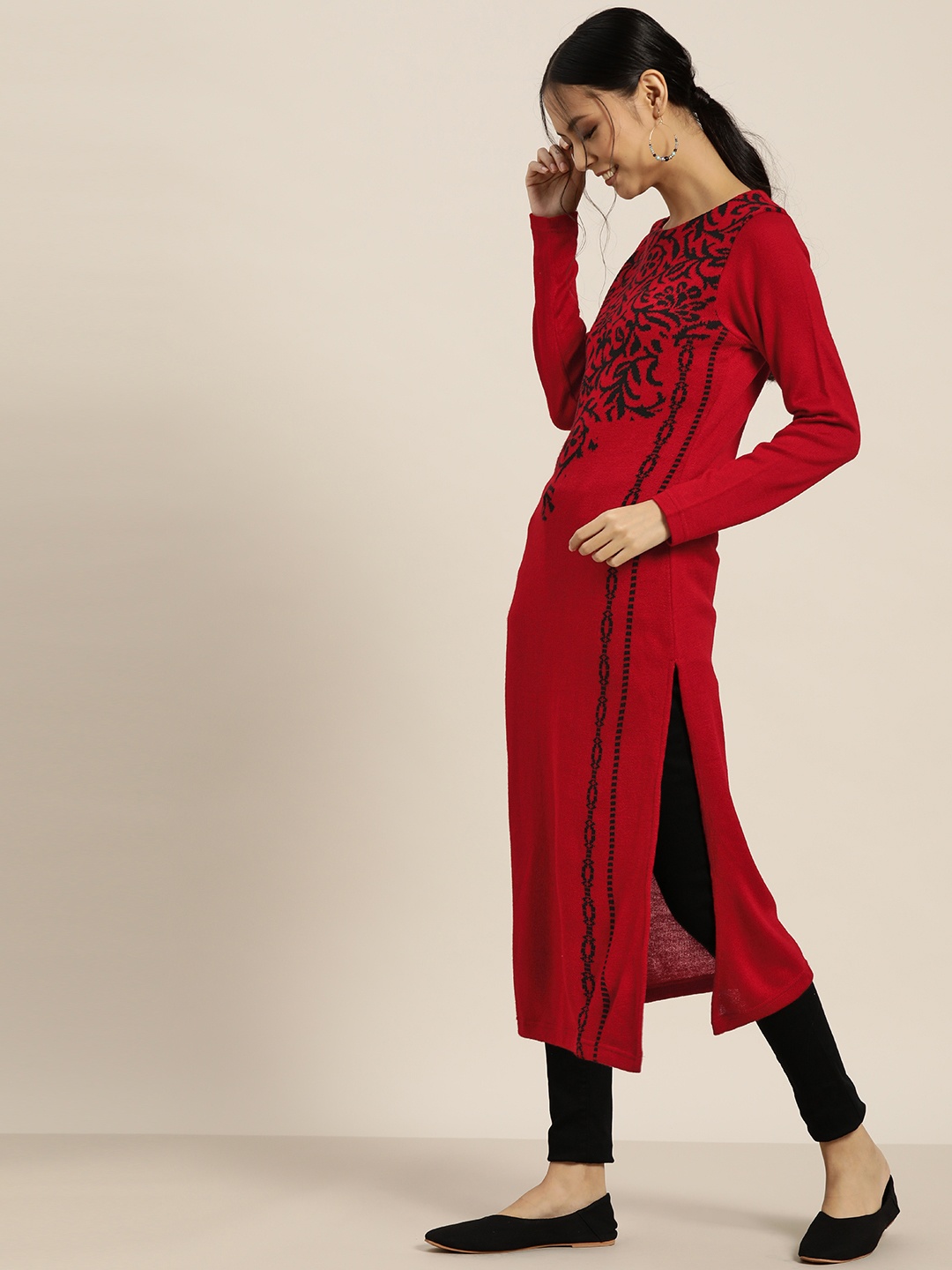 

Sangria Women Red & Black Ethnic Motifs Woven Design Winter Straight Kurta