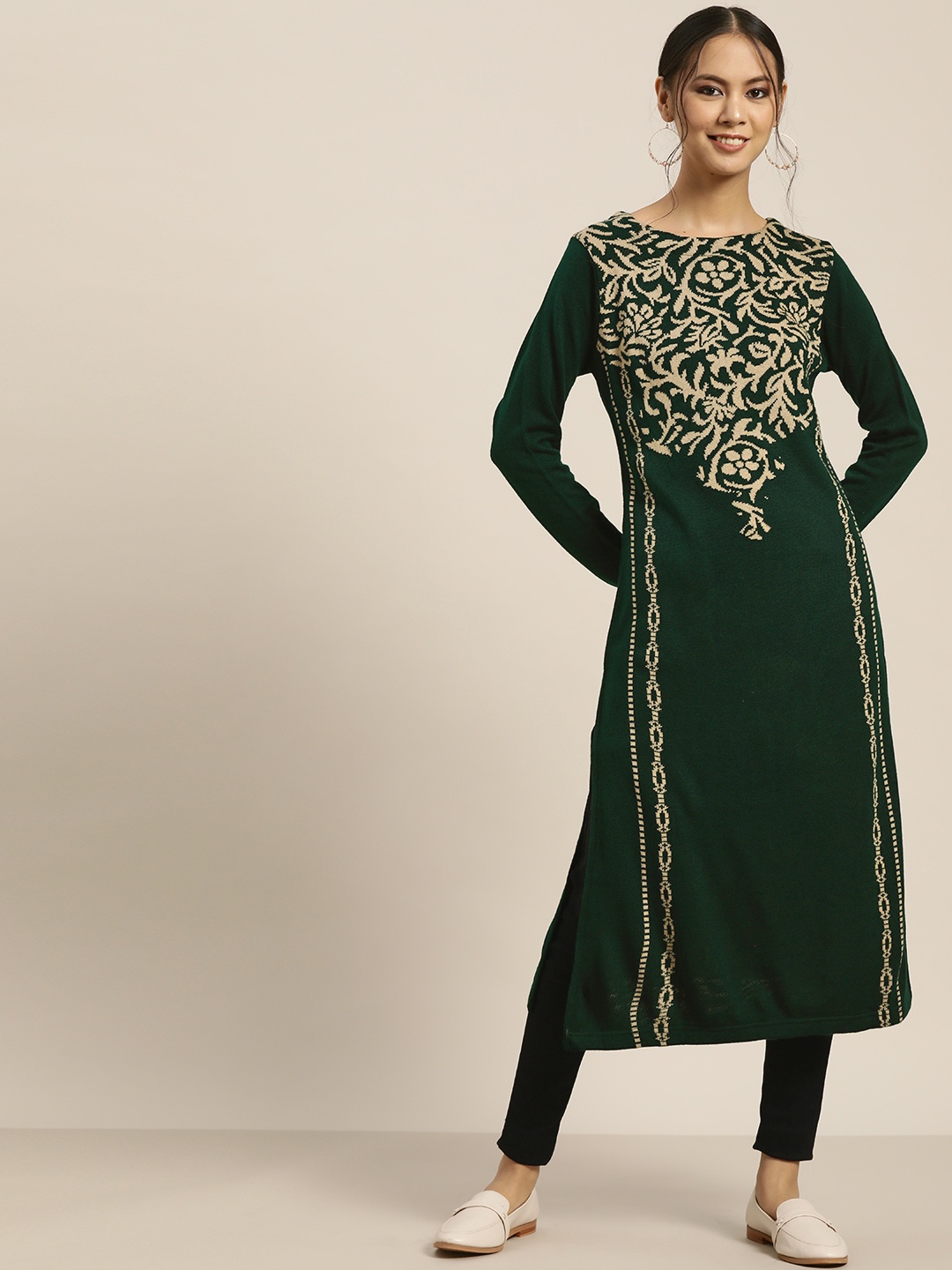 

Sangria Women Green & Beige Ethnic Motifs Woven Design Winter Straight Kurta
