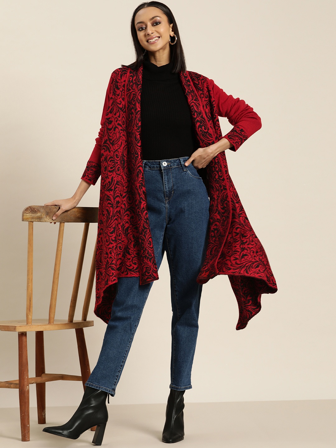 

Sangria Women Red & Black Acrylic Self-Design Open Front Sweater