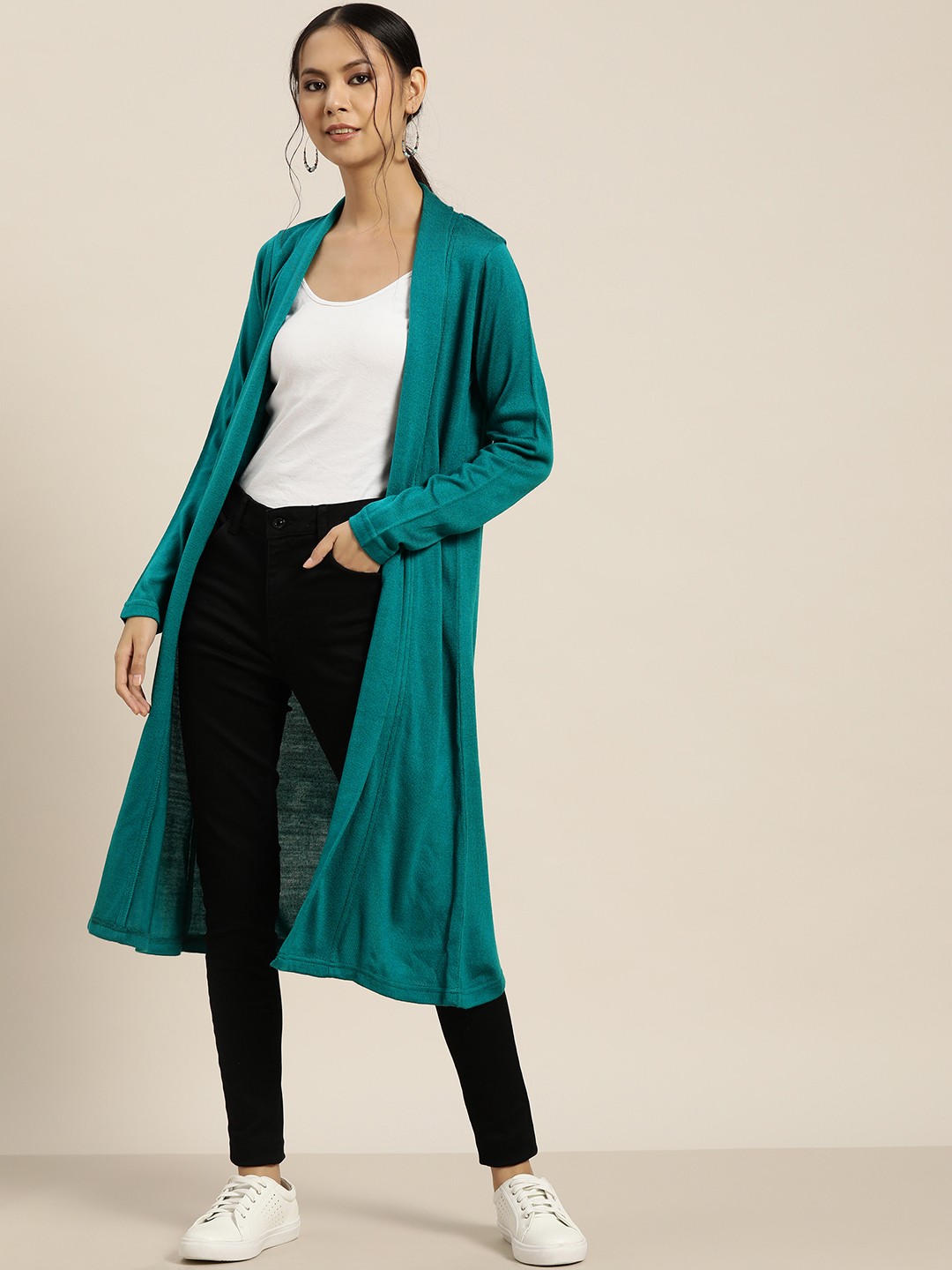 

Sangria Women Teal Green Solid Acrylic Open Front Longline Shrug