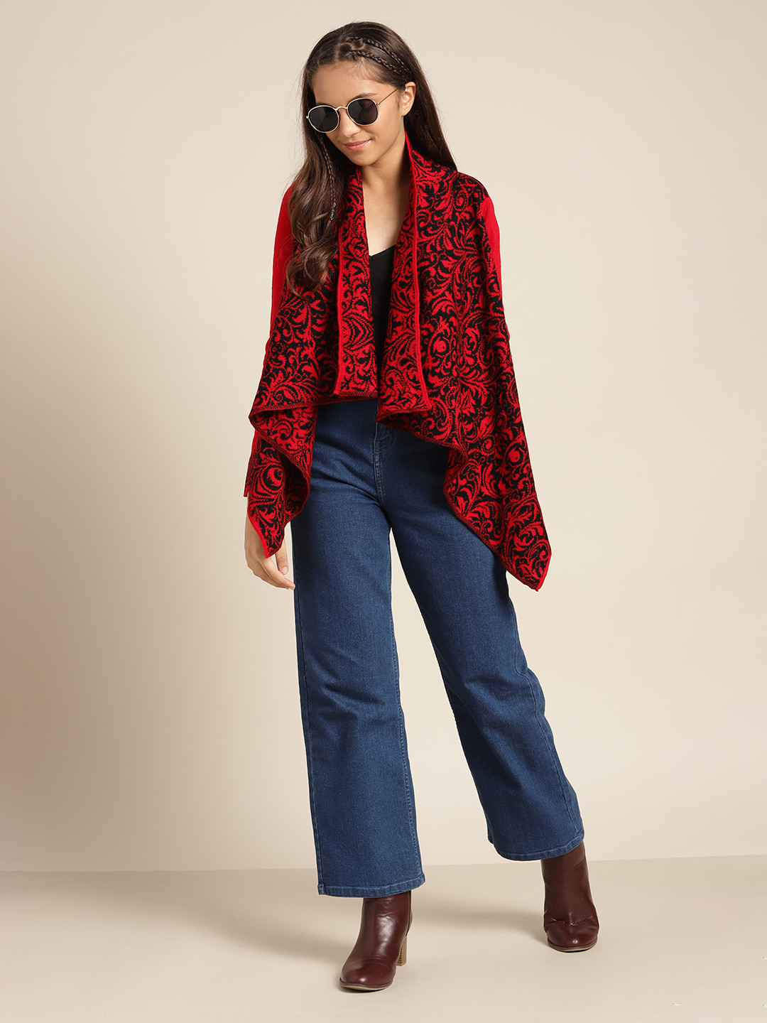 

Sangria Girls Black & Red Abstract Self Design Front-Open Sweater