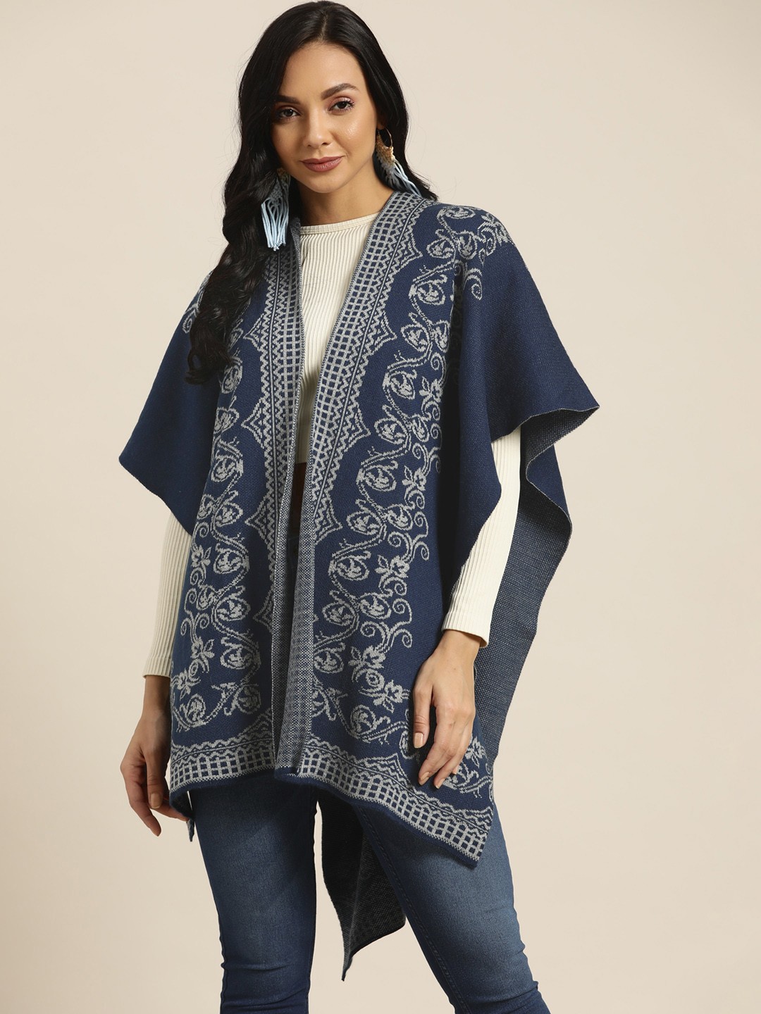 

Sangria Women Blue & Grey Ethnic Self Design Longline Winter Shrug