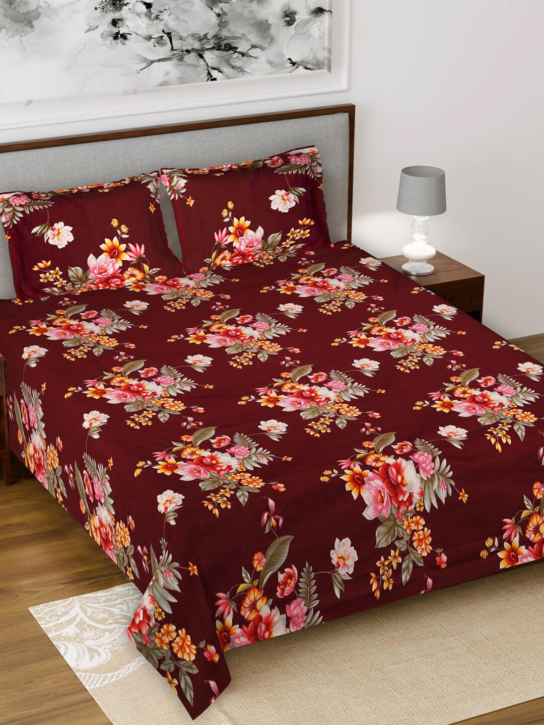 

Kuber Industries Maroon & Pink Floral King Bedsheet with 2 Pillow Covers
