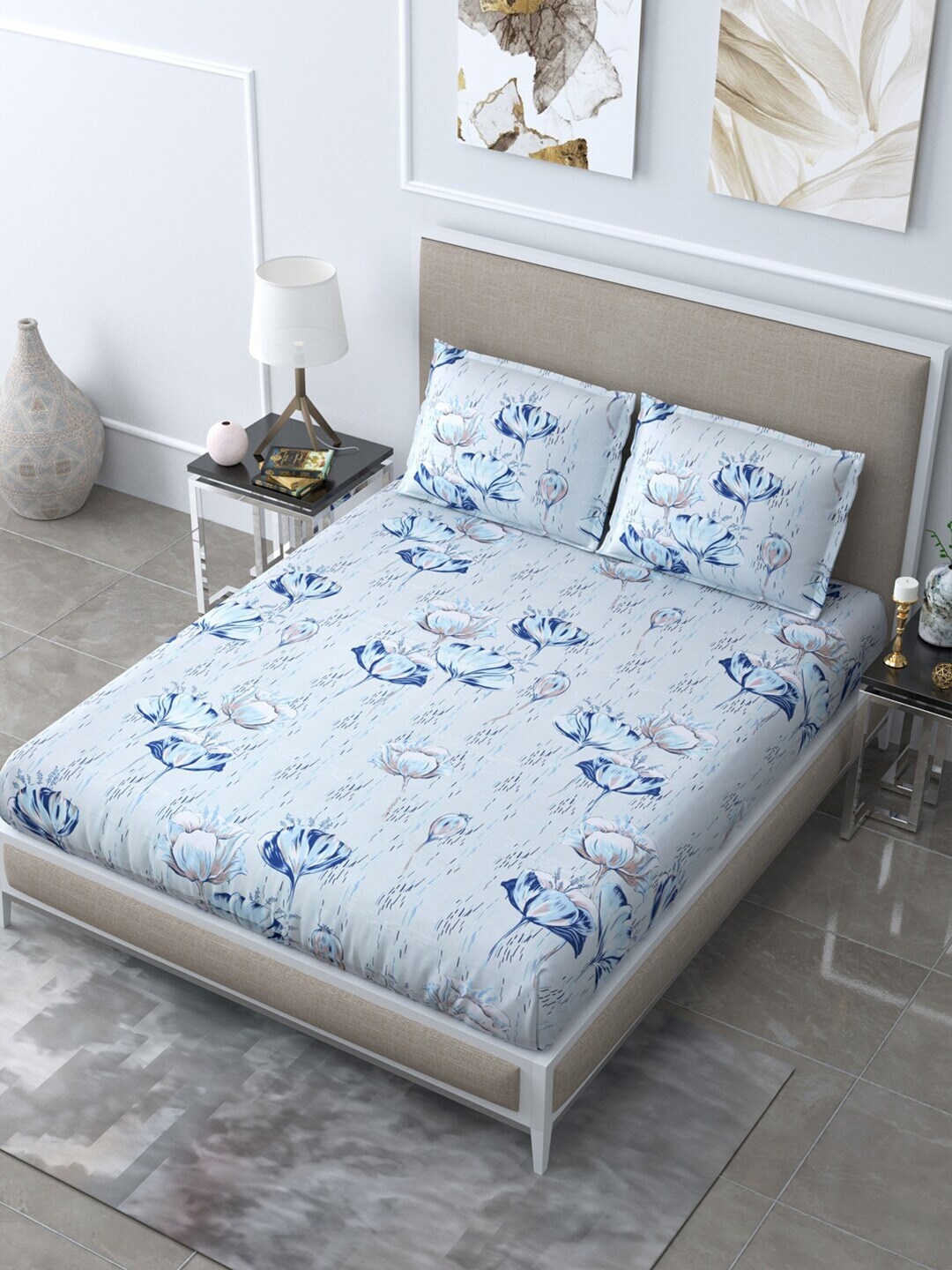 

LIVING ROOTS Blue & Grey Floral 210 TC Queen Bedsheet with 2 Pillow Covers