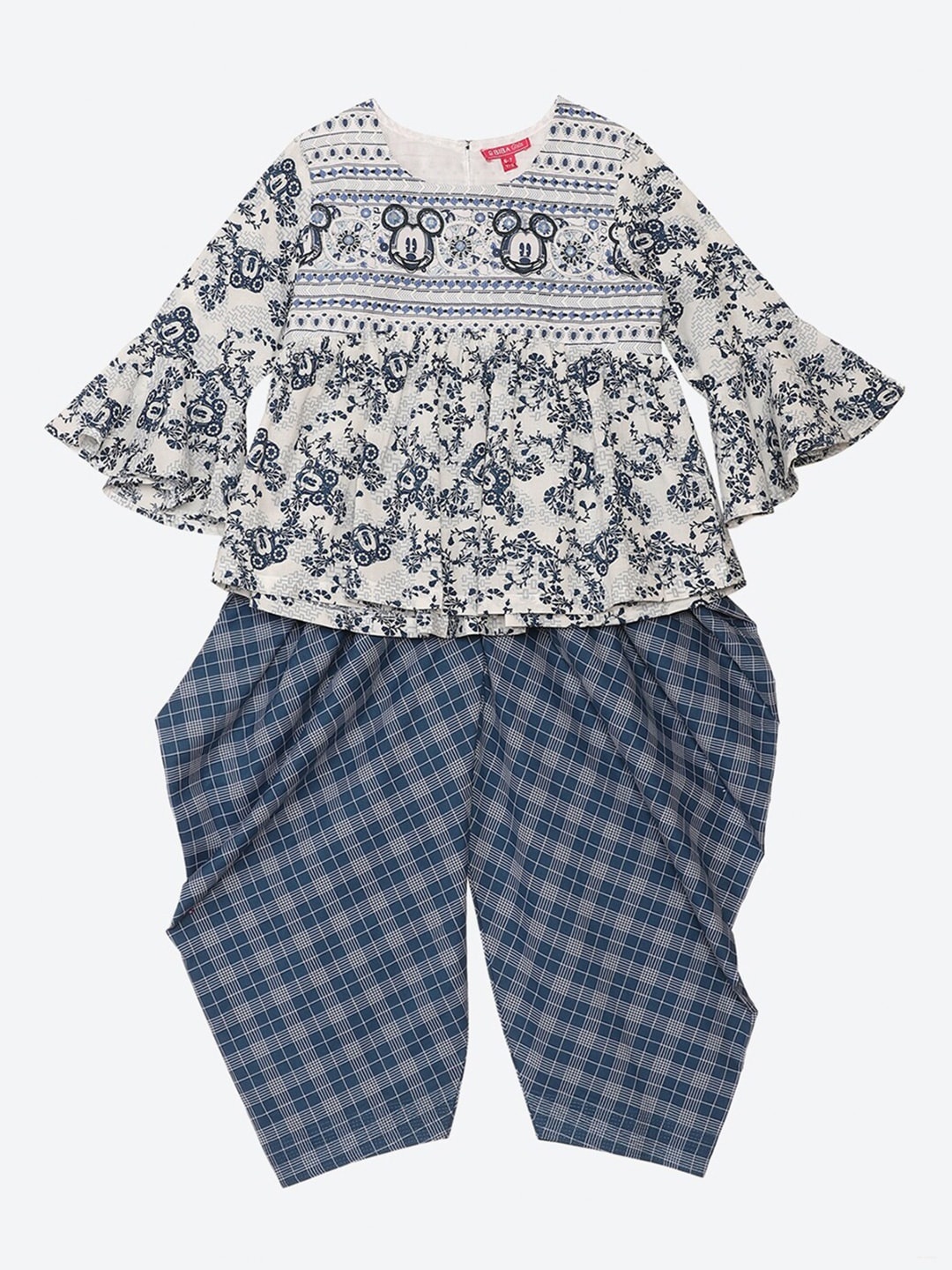 

Biba Girls Blue & White Mickey Mouse Print Top & Dhoti Pants