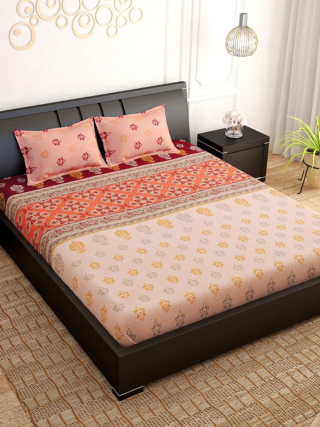 

PAVO Orange & Red Pure Cotton Floral King Bedsheet with 2 Pillow Covers