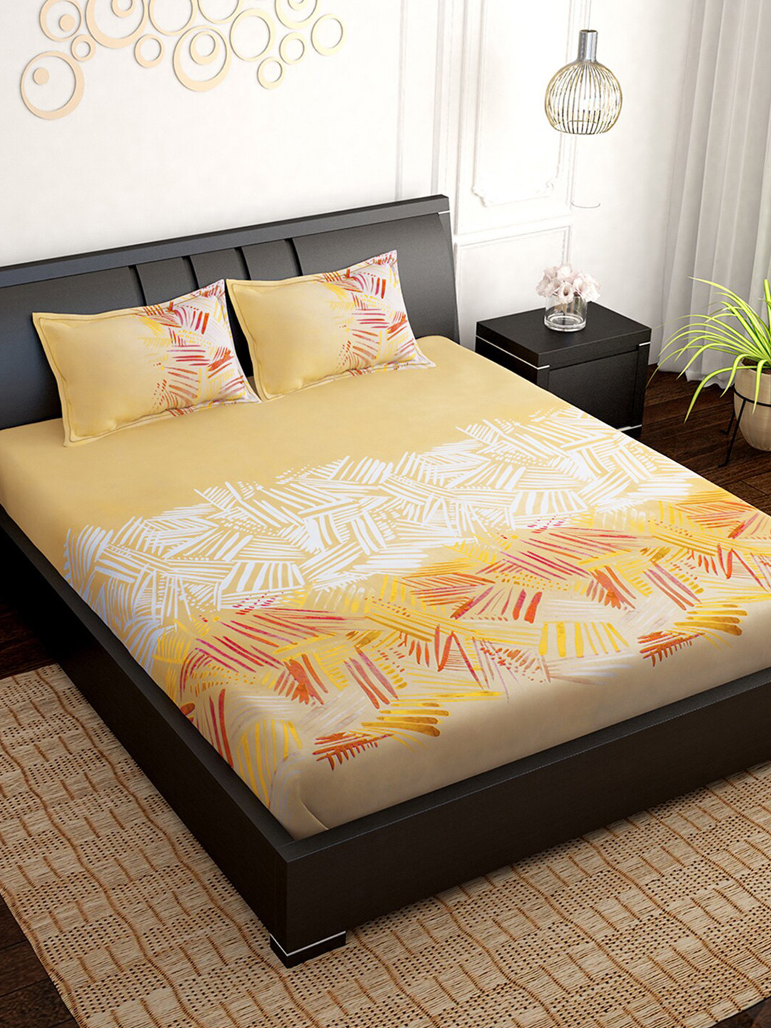

PAVO Yellow & White Geometric 210 TC Pure Cotton King Bedsheet with 2 Pillow Covers