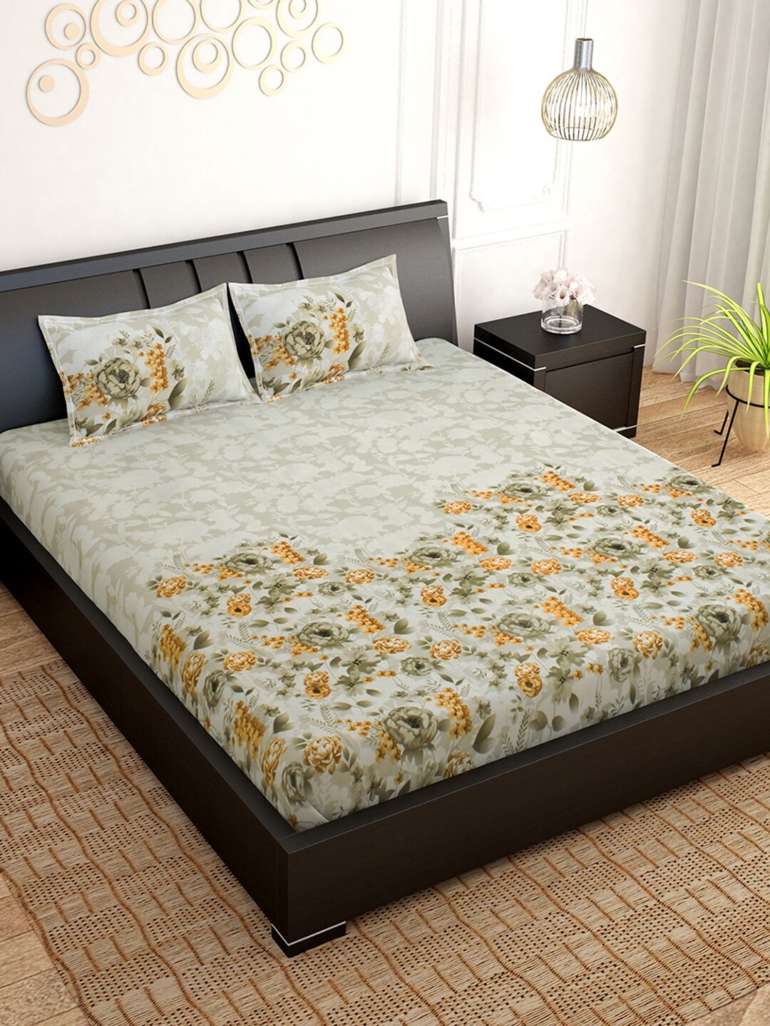 

PAVO Olive & Brown Floral 210 TC King Bedsheet with 2 Pillow Covers