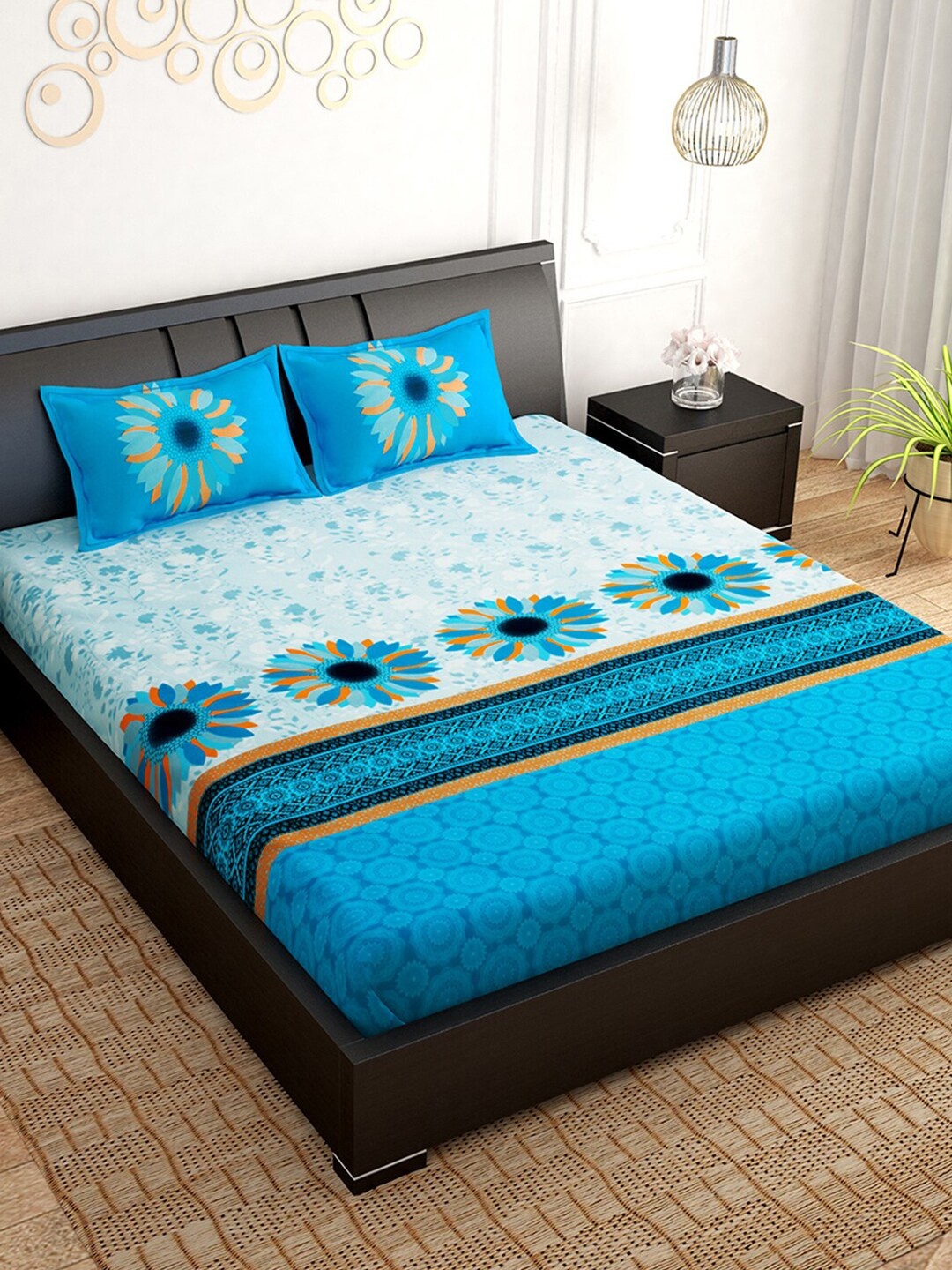 

PAVO White & Turquoise Blue Floral Pure Cotton King Bedsheet with 2 Pillow Covers
