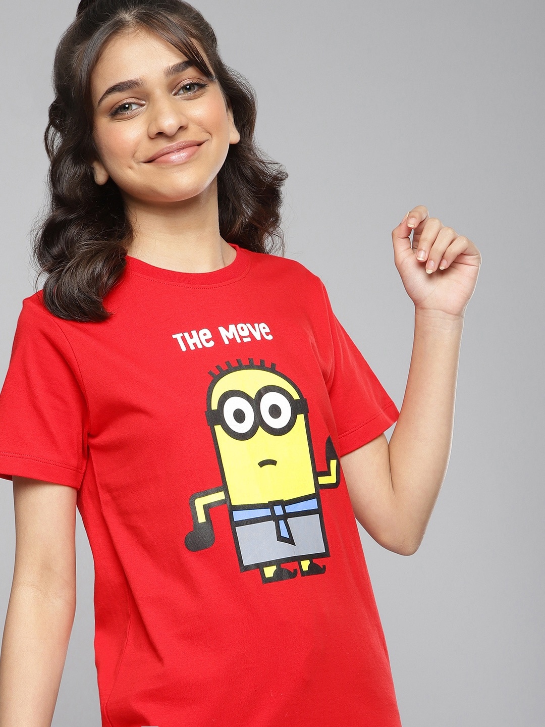 

Minions by Kook N Keech Teens Girls Red Printed Pure Cotton T-shirt