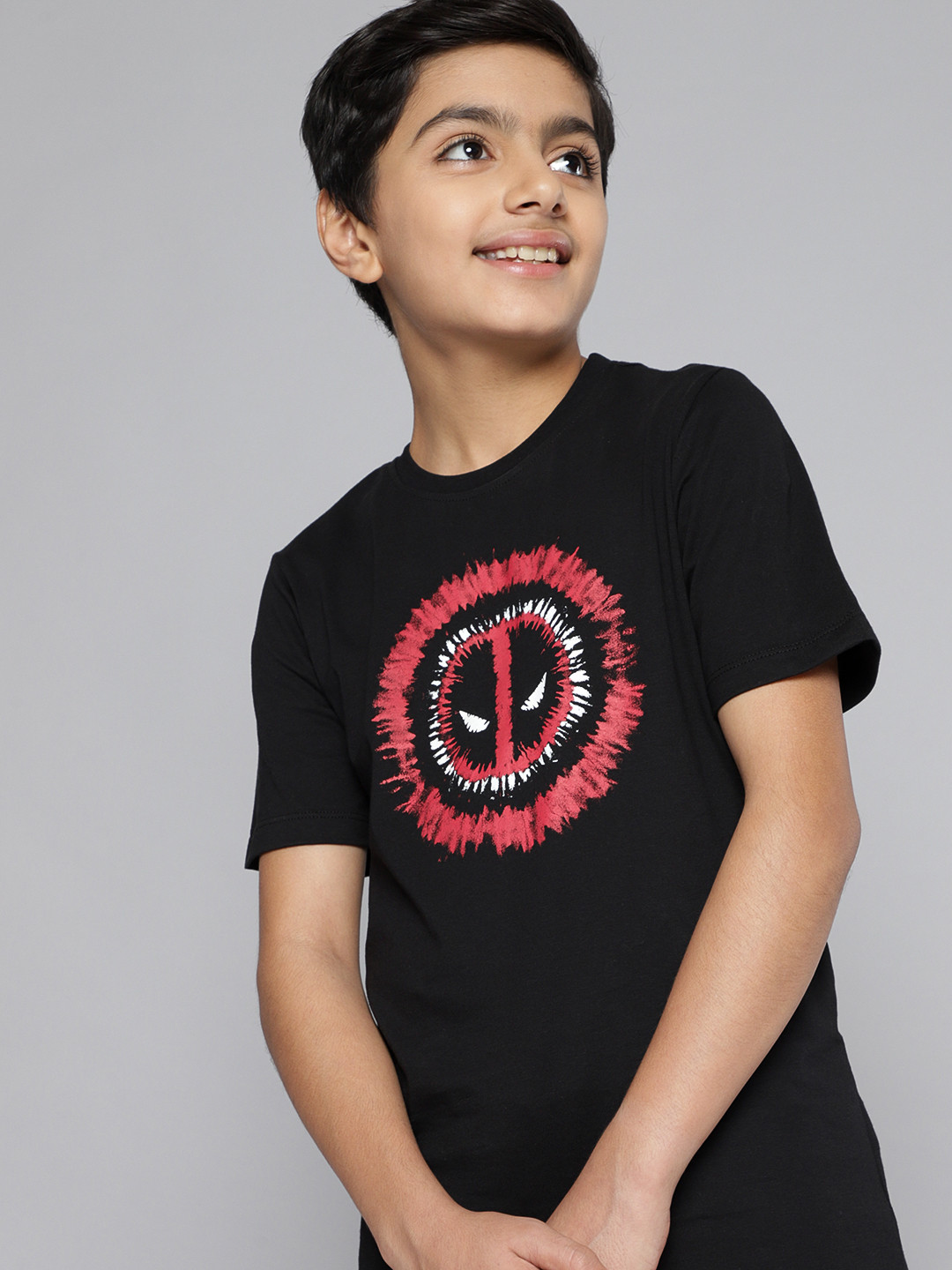 

Kook N Keech Marvel Teens Boys Black Red Printed Deadpool Pure Cotton T-shirt